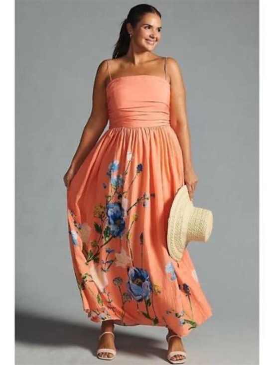 Anthropologie Dresses & Skirts - Anthropologie The Lorelei Ruched-Bodice Midi Dress 1X Coral w Blue Floral